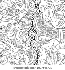 Seamless mehndi vector pattern. Hand-made illustration. Black and white binary pattern, monochrome doodle texture.