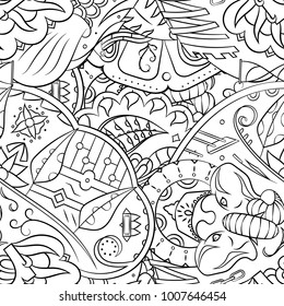 Seamless mehndi vector pattern. Hand-made illustration. Black and white binary pattern, monochrome doodle texture.