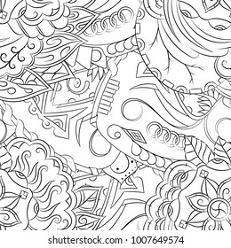 Seamless mehndi vector pattern. Hand-made illustration. Black and white binary pattern, monochrome doodle texture.