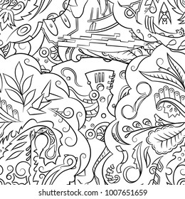 Seamless mehndi vector pattern. Hand-made illustration. Black and white binary pattern, monochrome doodle texture.