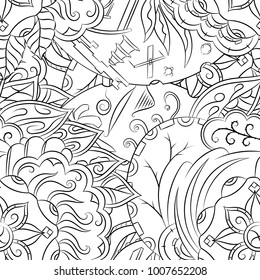 Seamless mehndi vector pattern. Hand-made illustration. Black and white binary pattern, monochrome doodle texture.
