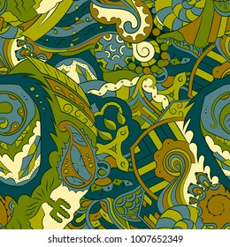 Seamless mehndi vector pattern. Hand-made ethnic illustration. Colorful doodle texture.