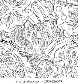 Seamless mehndi vector pattern. Hand-made illustration. Black and white binary pattern, monochrome doodle texture.