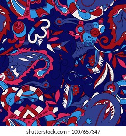 Seamless mehndi vector pattern. Hand-made ethnic illustration. Colorful doodle texture.