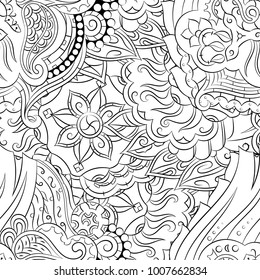 Seamless mehndi vector pattern. Hand-made illustration. Black and white binary pattern, monochrome doodle texture.
