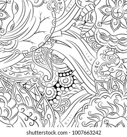 Seamless mehndi vector pattern. Hand-made illustration. Black and white binary pattern, monochrome doodle texture.