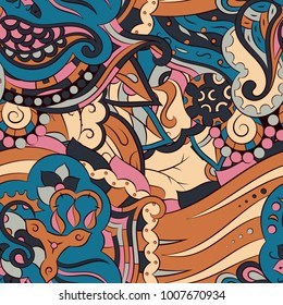 Seamless mehndi vector pattern. Hand-made ethnic illustration. Colorful doodle texture.