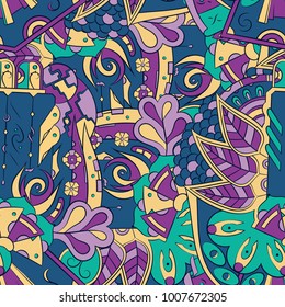 Seamless mehndi vector pattern. Hand-made ethnic illustration. Colorful doodle texture.