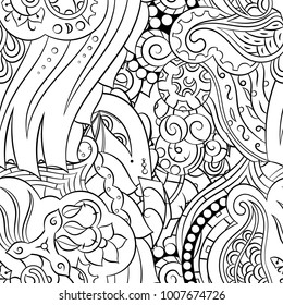 Seamless mehndi vector pattern. Hand-made illustration. Black and white binary pattern, monochrome doodle texture.