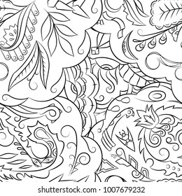 Seamless mehndi vector pattern. Hand-made illustration. Black and white binary pattern, monochrome doodle texture.