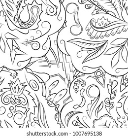 Seamless mehndi vector pattern. Hand-made illustration. Black and white binary pattern, monochrome doodle texture.