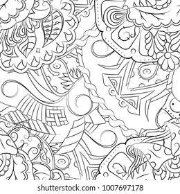 Seamless mehndi vector pattern. Hand-made illustration. Black and white binary pattern, monochrome doodle texture.
