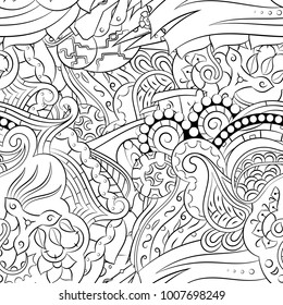 Seamless mehndi vector pattern. Hand-made illustration. Black and white binary pattern, monochrome doodle texture.