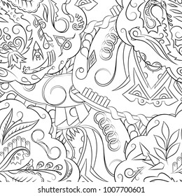 Seamless mehndi vector pattern. Hand-made illustration. Black and white binary pattern, monochrome doodle texture.