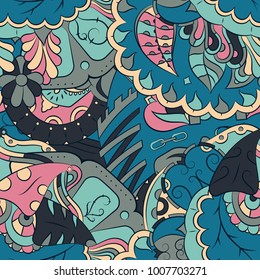 Seamless mehndi vector pattern. Hand-made ethnic illustration. Colorful doodle texture.