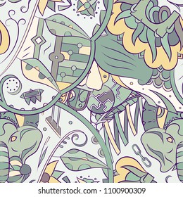 Seamless mehndi vector pattern. Hand-made ethnic illustration. Colorful doodle texture.