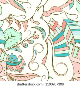 Seamless mehndi vector pattern. Hand-made ethnic illustration. Colorful doodle texture.