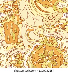 Seamless mehndi vector pattern. Hand-made ethnic illustration. Colorful doodle texture.