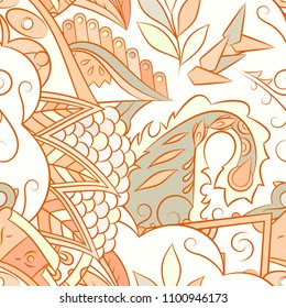 Seamless mehndi vector pattern. Hand-made ethnic illustration. Colorful doodle texture.