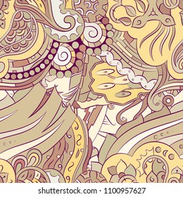 Seamless mehndi vector pattern. Hand-made ethnic illustration. Colorful doodle texture.