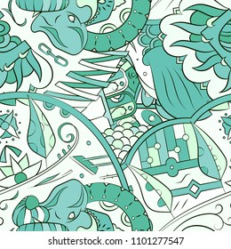 Seamless mehndi vector pattern. Hand-made ethnic illustration. Colorful doodle texture.