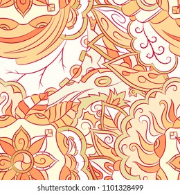 Seamless mehndi vector pattern. Hand-made ethnic illustration. Colorful doodle texture.