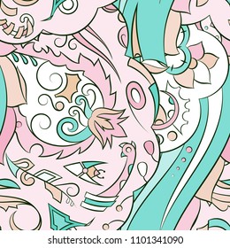 Seamless mehndi vector pattern. Hand-made ethnic illustration. Colorful doodle texture.