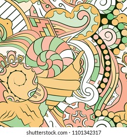 Seamless mehndi vector pattern. Hand-made ethnic illustration. Colorful doodle texture.