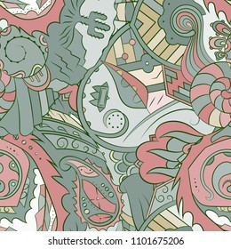 Seamless mehndi vector pattern. Hand-made ethnic illustration. Colorful doodle texture.