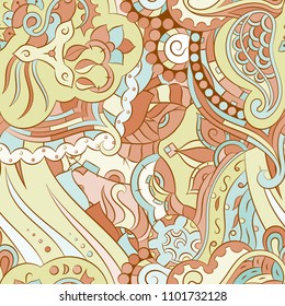 Seamless mehndi vector pattern. Hand-made ethnic illustration. Colorful doodle texture.