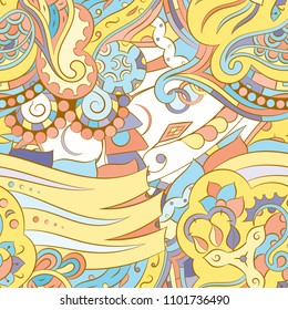 Seamless mehndi vector pattern. Hand-made ethnic illustration. Colorful doodle texture.