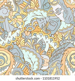 Seamless mehndi vector pattern. Hand-made ethnic illustration. Colorful doodle texture.