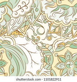Seamless mehndi vector pattern. Hand-made ethnic illustration. Colorful doodle texture.