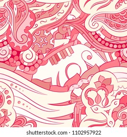 Seamless mehndi vector pattern. Hand-made ethnic illustration. Colorful doodle texture.