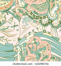Seamless mehndi vector pattern. Hand-made ethnic illustration. Colorful doodle texture.
