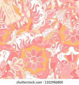 Seamless mehndi vector pattern. Hand-made ethnic illustration. Colorful doodle texture.