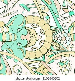 Seamless mehndi vector pattern. Hand-made ethnic illustration. Colorful doodle texture.