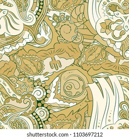 Seamless mehndi vector pattern. Hand-made ethnic illustration. Colorful doodle texture.