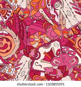 Seamless mehndi vector pattern. Hand-made ethnic illustration. Colorful doodle texture.