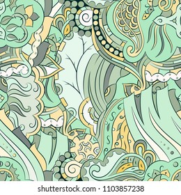 Seamless mehndi vector pattern. Hand-made ethnic illustration. Colorful doodle texture.