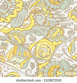 Seamless mehndi vector pattern. Hand-made ethnic illustration. Colorful doodle texture.