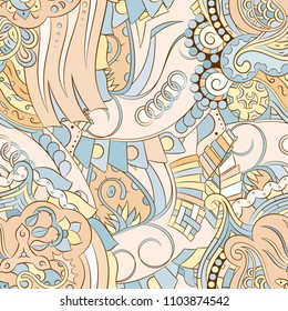 Seamless mehndi vector pattern. Hand-made ethnic illustration. Colorful doodle texture.