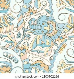 Seamless mehndi vector pattern. Hand-made ethnic illustration. Colorful doodle texture.