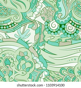 Seamless mehndi vector pattern. Hand-made ethnic illustration. Colorful doodle texture.