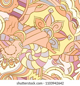 Seamless mehndi vector pattern. Hand-made ethnic illustration. Colorful doodle texture.