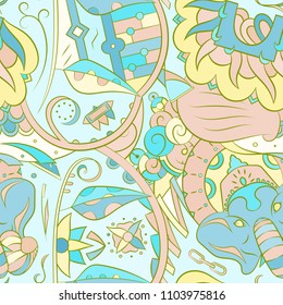 Seamless mehndi vector pattern. Hand-made ethnic illustration. Colorful doodle texture.