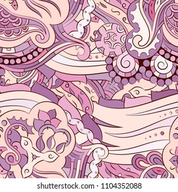 Seamless mehndi vector pattern. Hand-made ethnic illustration. Colorful doodle texture.