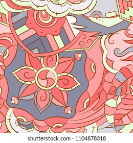 Seamless mehndi vector pattern. Hand-made ethnic illustration. Colorful doodle texture.