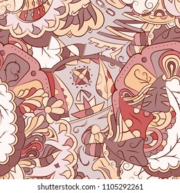 Seamless mehndi vector pattern. Hand-made ethnic illustration. Colorful doodle texture.