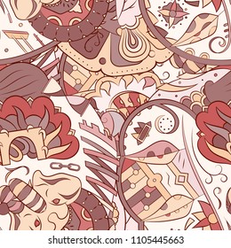 Seamless mehndi vector pattern. Hand-made ethnic illustration. Colorful doodle texture.